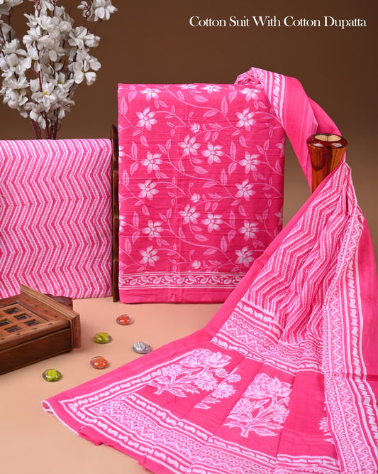Exclusive Hand Block Cotton Suit With Cotton Dupatta(BFCOT189)