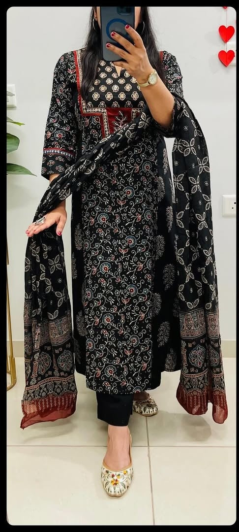 Black Ajrakh Cotton Suit Set | A-Line Princess Cut Kurta with Pant & Dupatta