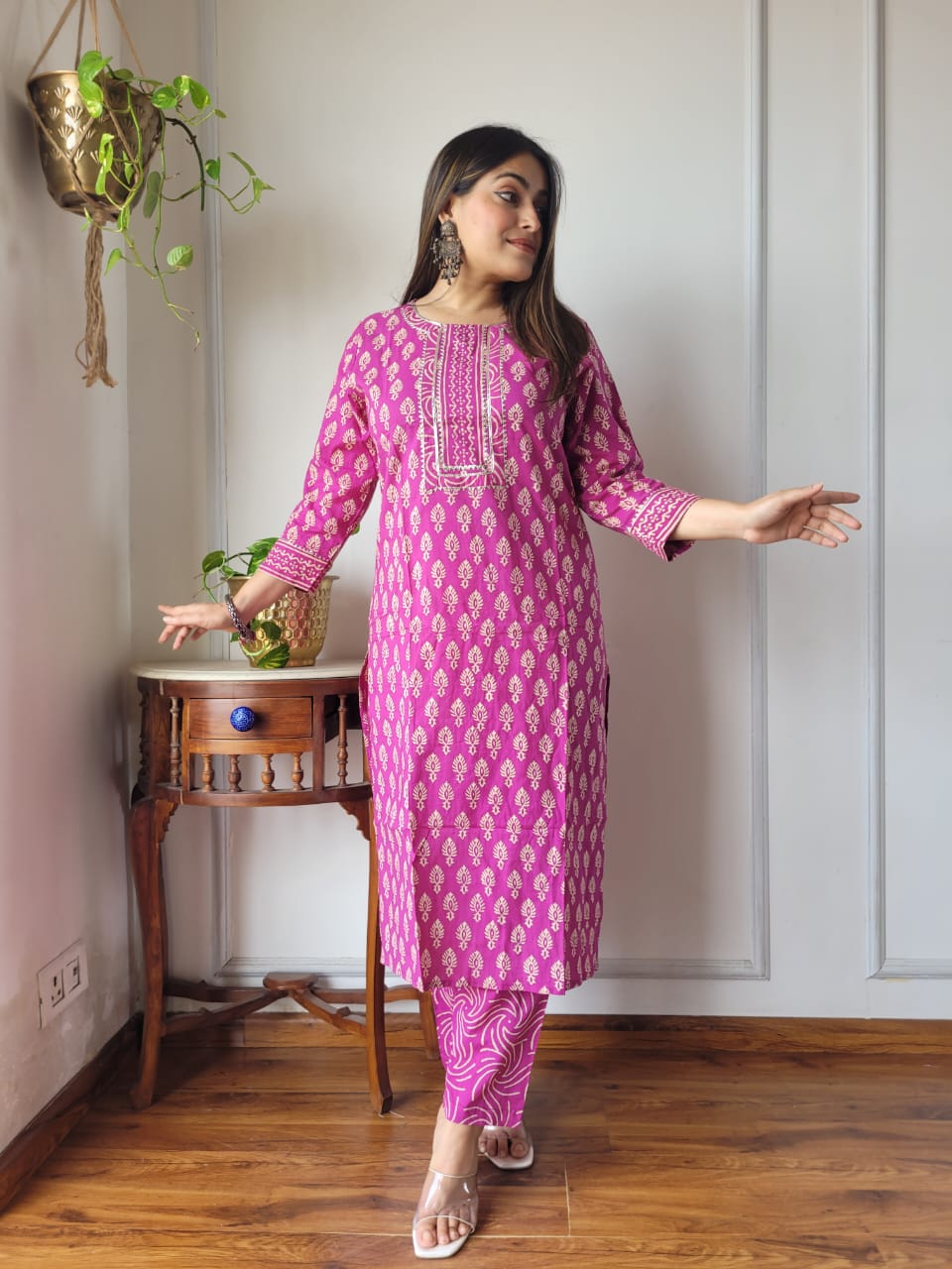 Pink Traditional Printed Cotton Kurti Pant Set for Women | Ethnic Wear