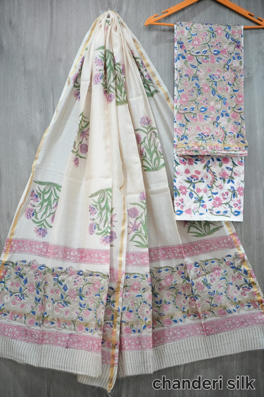 White & Pink Tropical Floral Hand Block Print Chanderi Silk Dress Material (BFCHS38)