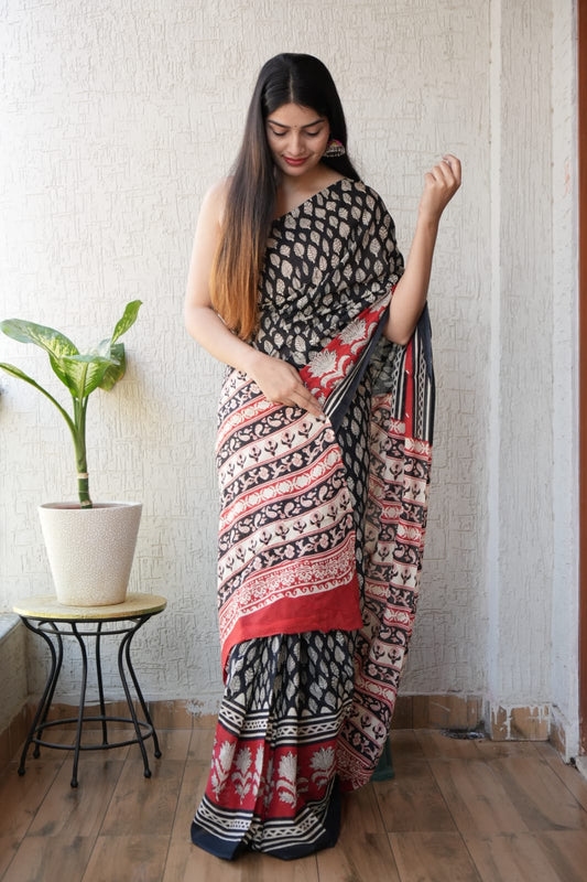 Black Red Designer Cotton Saree – Soft Cotton Saree for Women  (BFCS53)