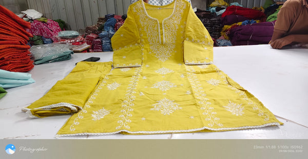 Mustard Yellow Chikankari Embroidered Cotton Suit Set for Women