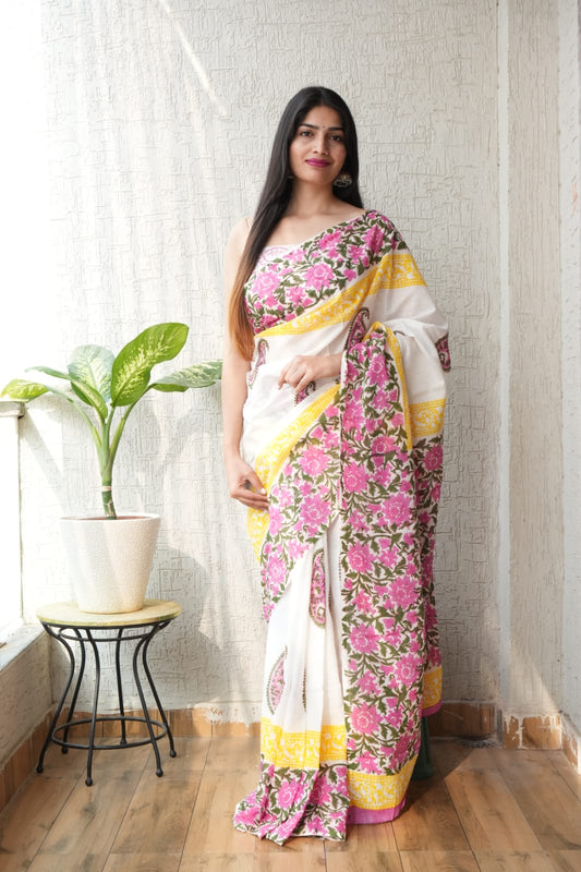 White & Yellow Floral Hand Block Printed Cotton Saree (BFCS57)