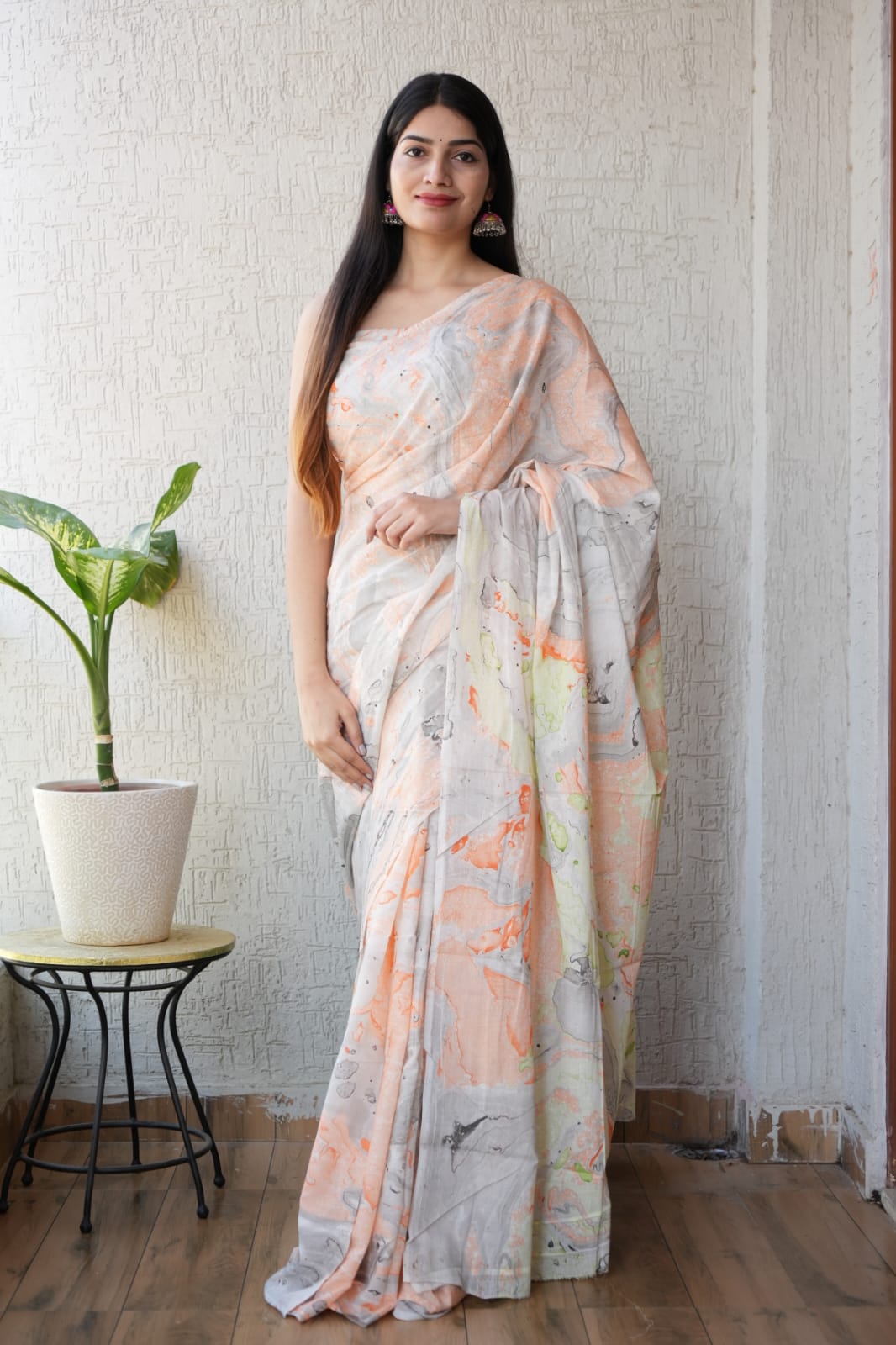 Pastel Marble Printed Cotton Saree – Soft Cotton Saree for Women (BFCS25)