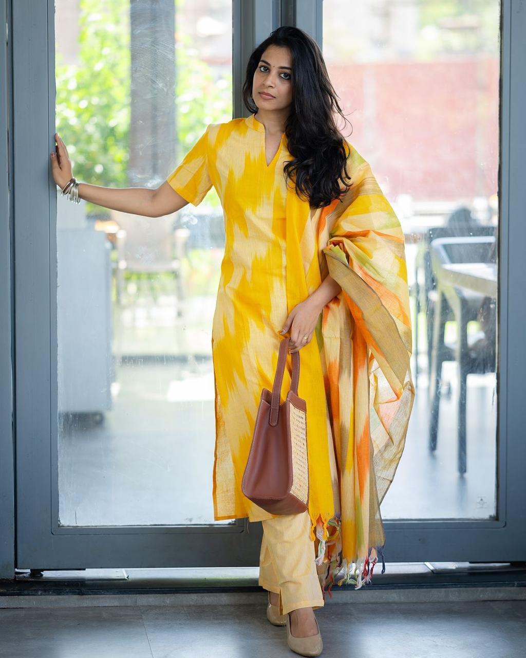 Yellow Ikat Print Handloom Cotton Kurti Set