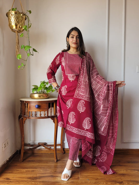 Maroon Hand Block Printed Cotton Suit for Women