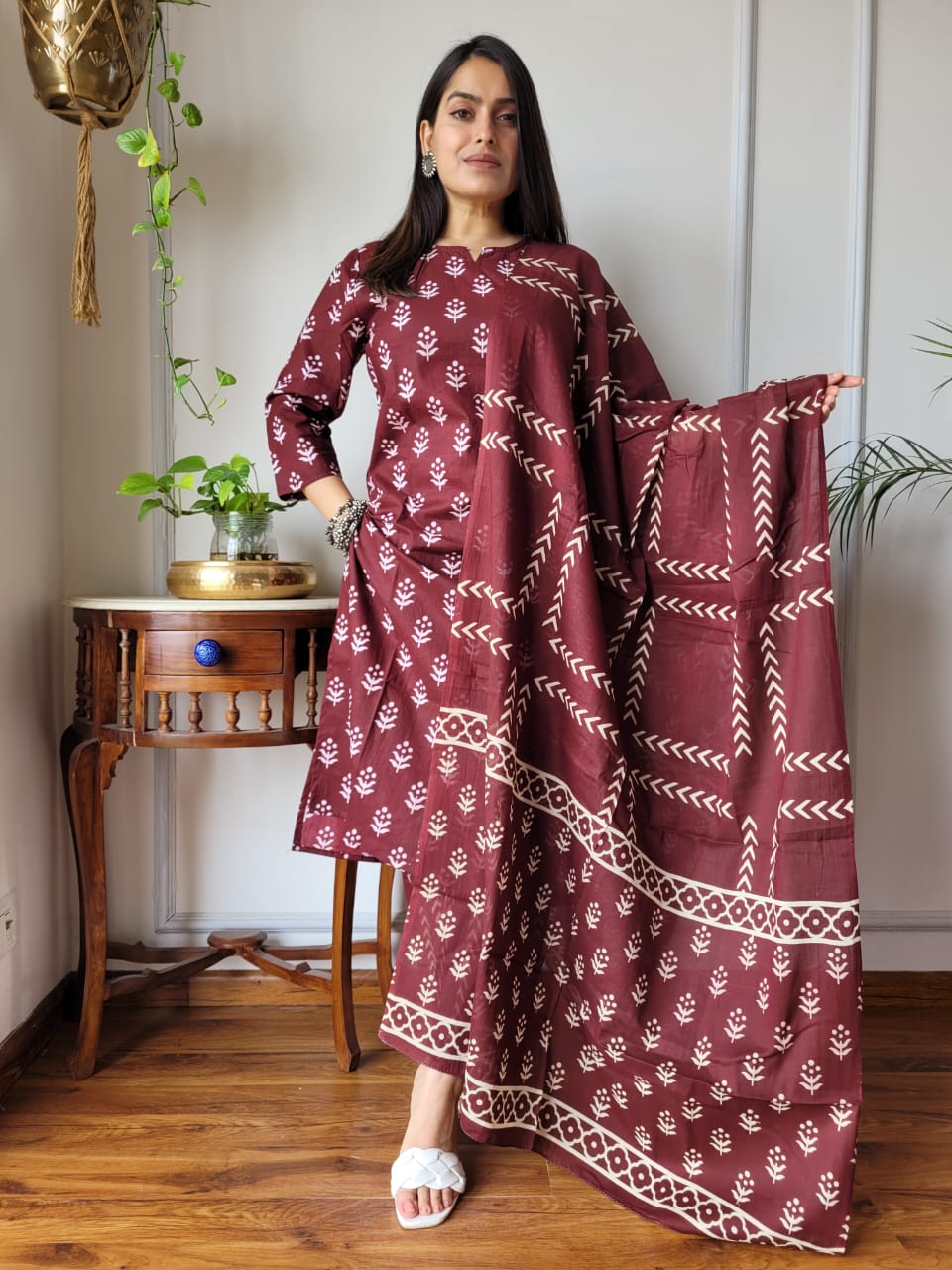 Maroon Printed Cotton Suit with Dupatta for Women