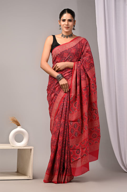 Traditional Authentic Hand Block Printed Pure Organic Cotton Sarees With matching Blouse(BFCS18)