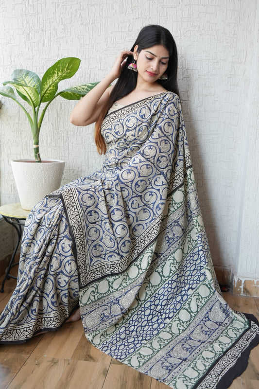 Blue Printed Cotton Saree – Soft Cotton Saree for Women (BFCS09)