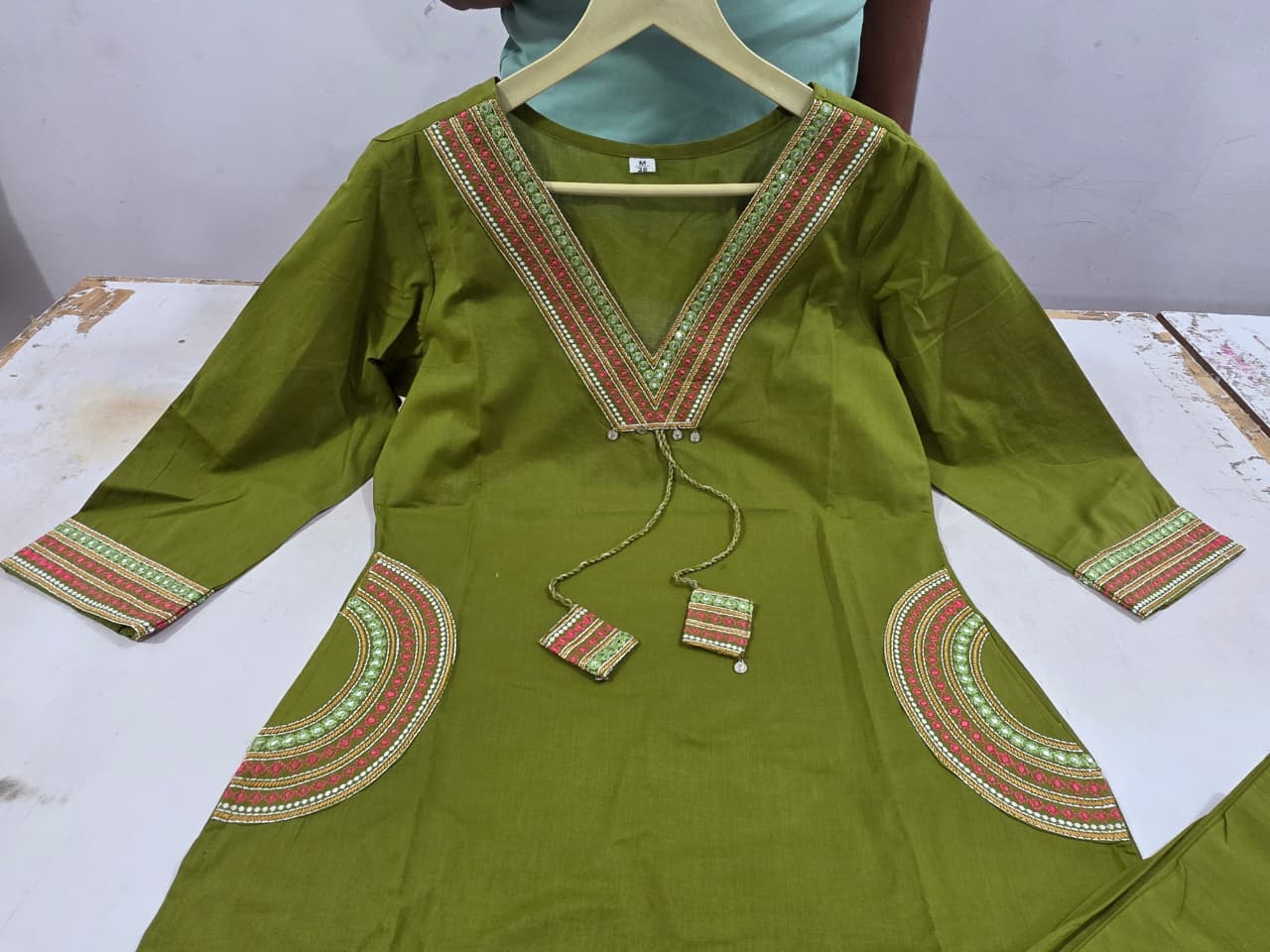 Mehendi Green Hand Work Cotton Kurta Pant Set