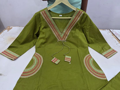 Mehendi Green Hand Work Cotton Kurta Pant Set