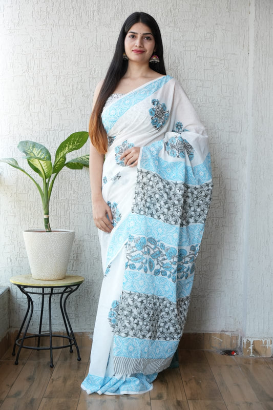 White Blue Printed Cotton Saree – Soft Cotton Saree for Women (BFCS35)