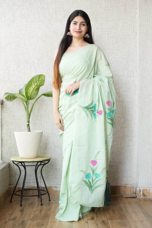 Light Green Floral Cotton Saree – Soft Cotton Saree for Women (BSCS38)