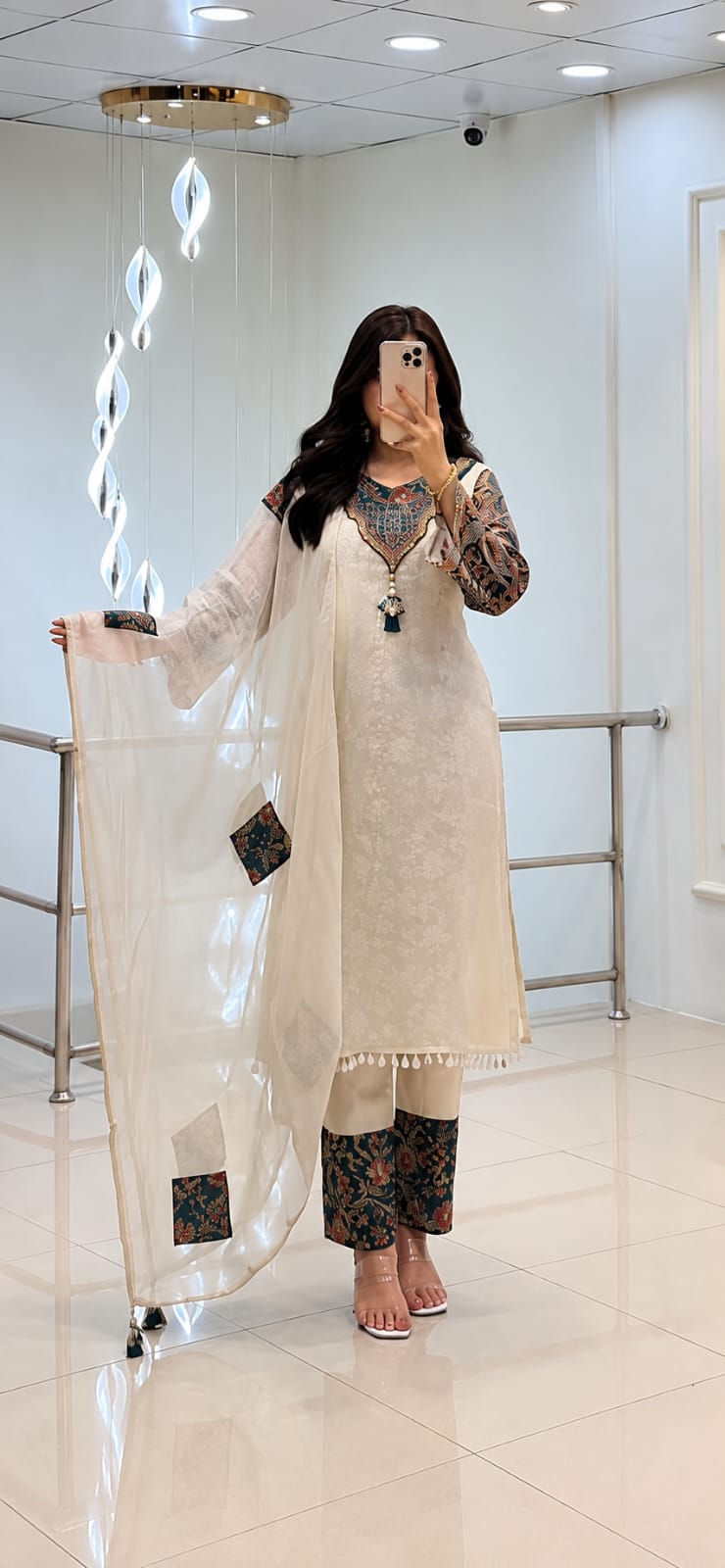 Ivory Cream Kurti Set with Ajrak Print Sleeves & Organza Dupatta