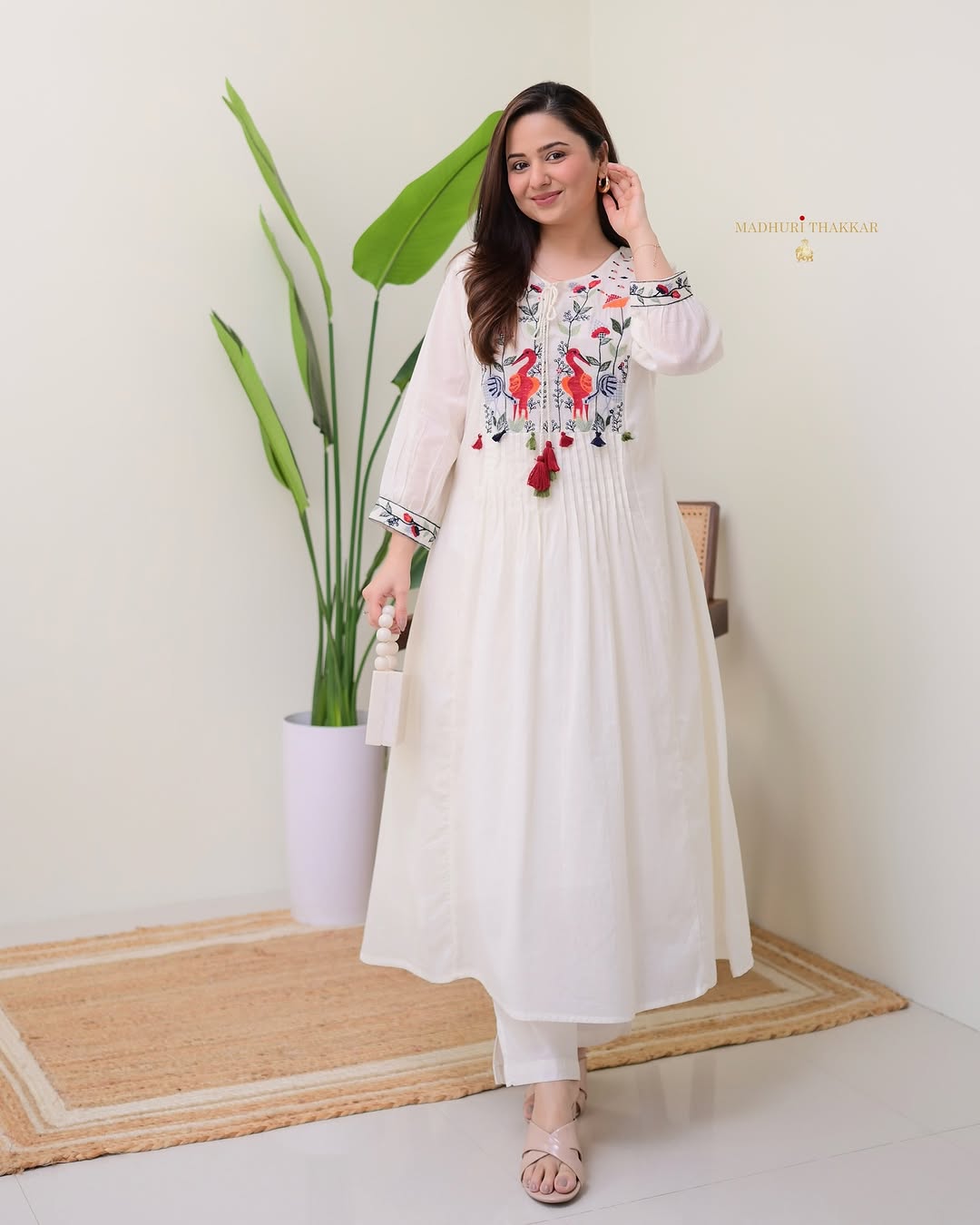 Off White Cotton Embroidered Kurti Pant Set | Classy Ethnic Outfit for Women
