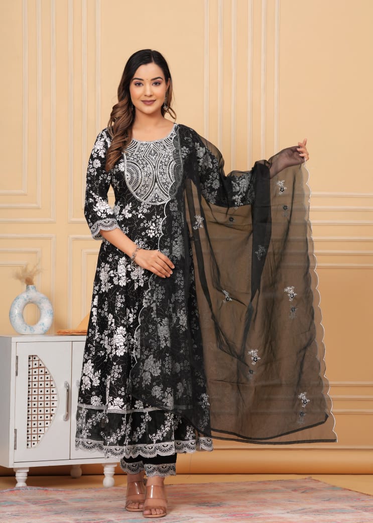 Beautiful ANARKALI KURTA with heavy  embroidery  work  on yoke along with pants with duppata