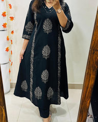 Launching Designer Kurti Pant Set  in *Cotton Fabric* with  beautiful *Block print sequin moti and  thread detailing Work*  giving perfect smart and Mesmerizing look