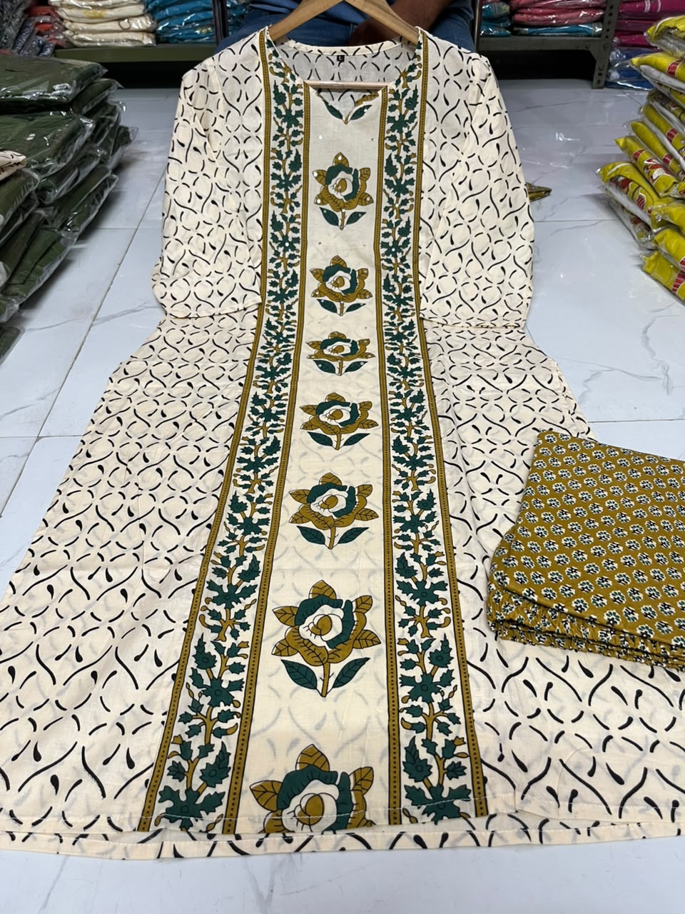 Beige & Green Floral Print Cotton Straight Kurti Set with Sequence Work