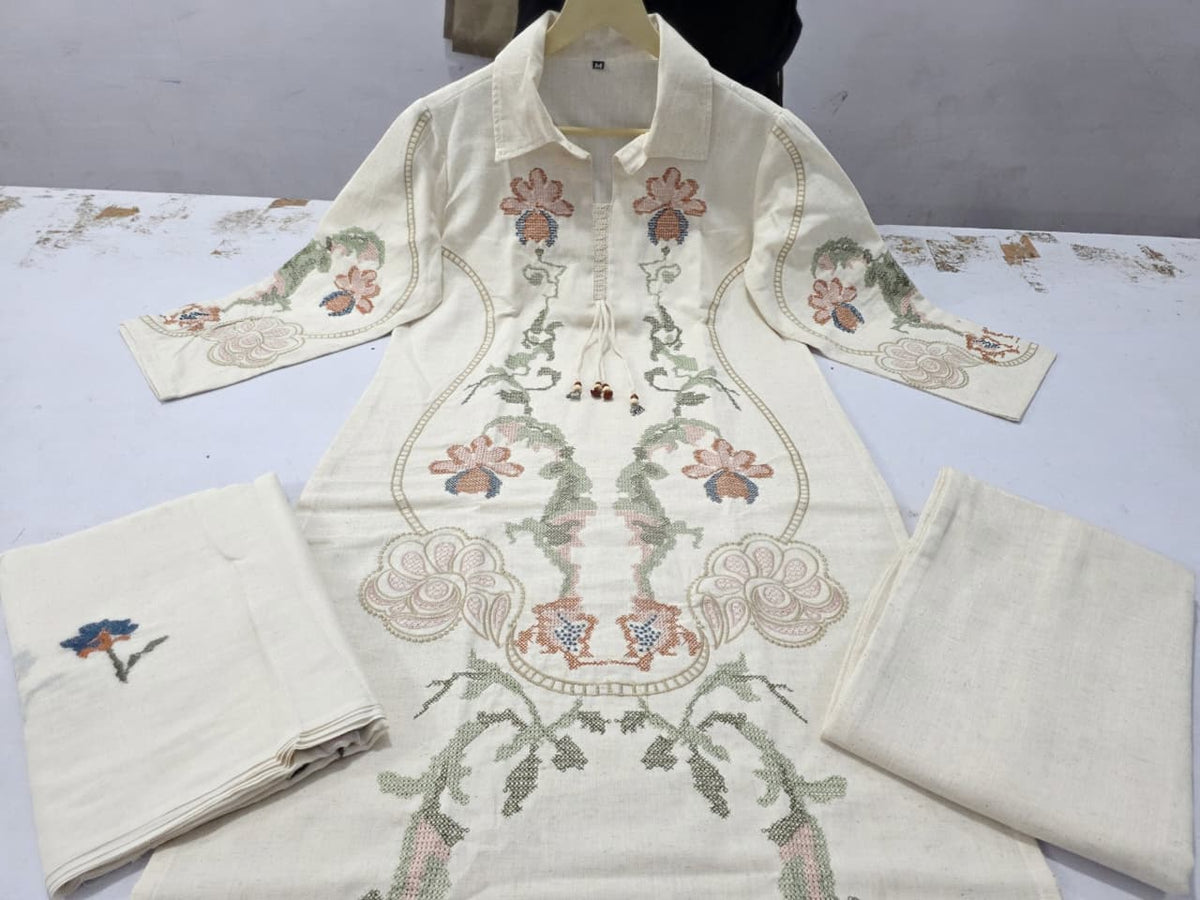 Cream Cotton Flex Kurti Set with Palazzo & Mul Mul Dupatta