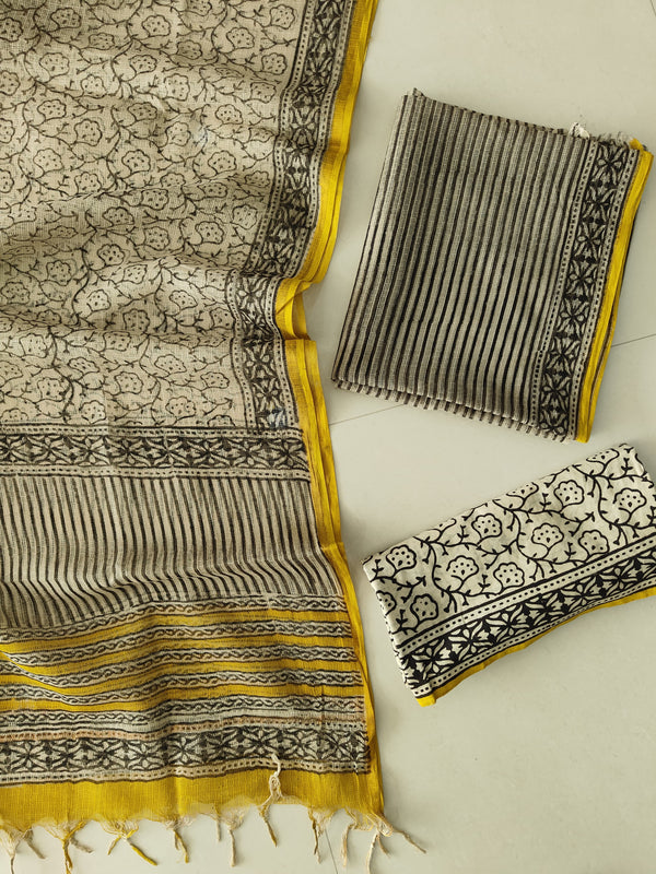 Black White & Yellow Stripe Floral Block Print Kota Doriya Suit (BFFKO96)