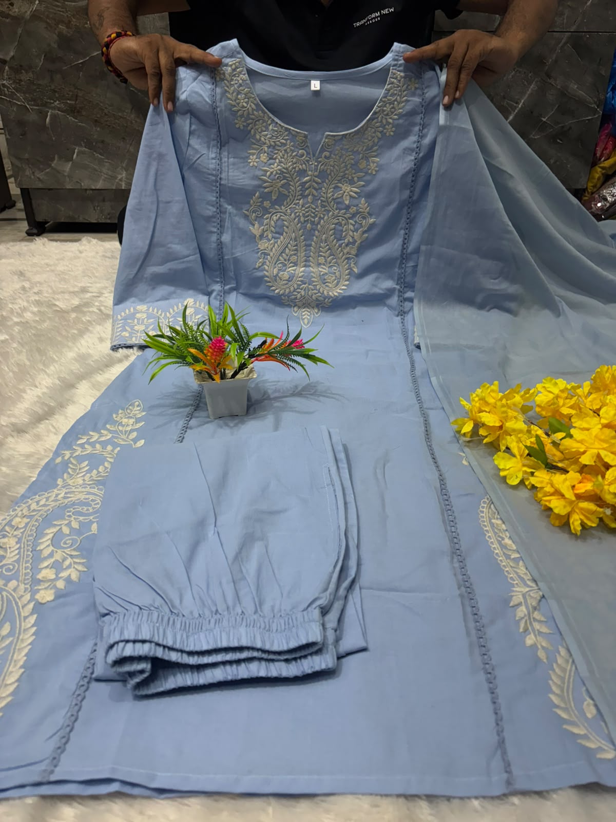 Sky Blue Embroidered Cotton Kurta Pant Set with Dupatta