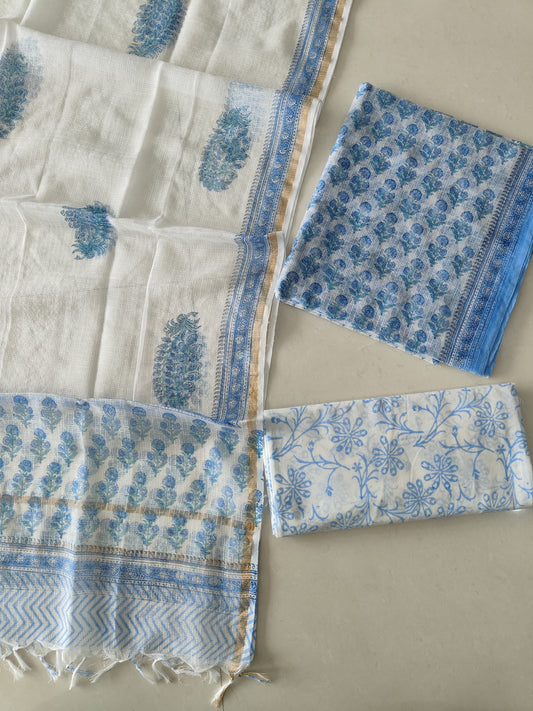 Sky Blue Floral Block Print Kota Doriya Suit  (BFFKO88)