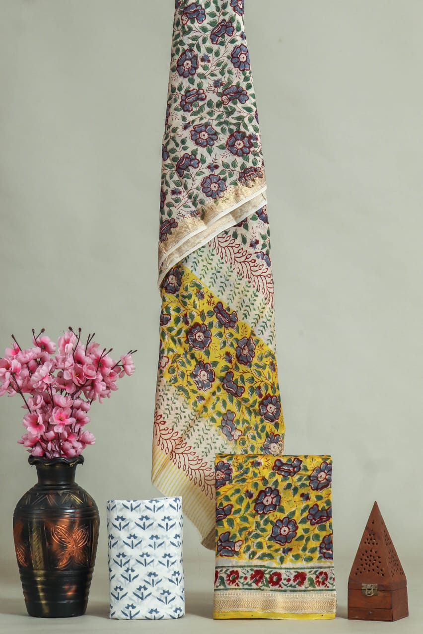 Premium Hand Block Printed Maheshwari Silk Suit(BFMAH45)