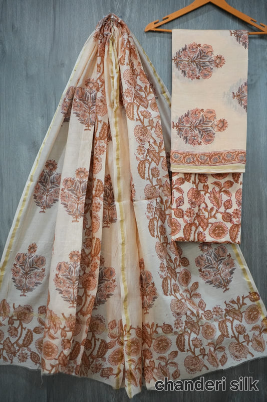Cream & Rust Brown Hand Block Print Chanderi Silk Dress Material (BFCHS10)