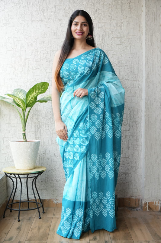 Sky Blue Printed Cotton Saree – Soft Cotton Saree for Women (BFCS27)