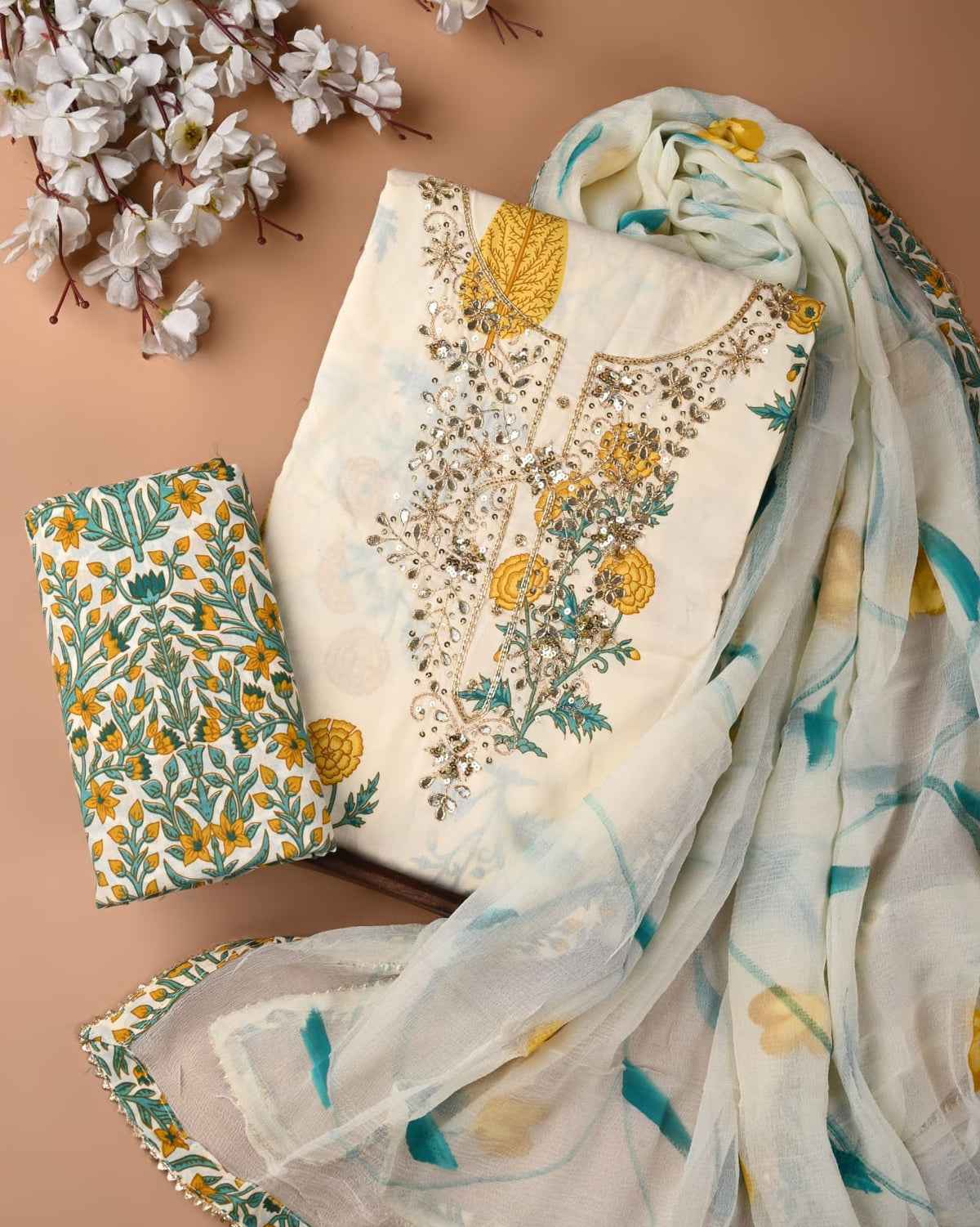 PREMIUM GOTA PATTI COTTON SUIT SET WITH CHIFFON DUPATTA(BSCOTGC69)