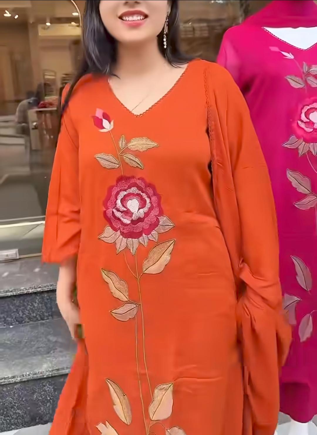 Orange Cotton A-Line Kurti Set with Floral Embroidery