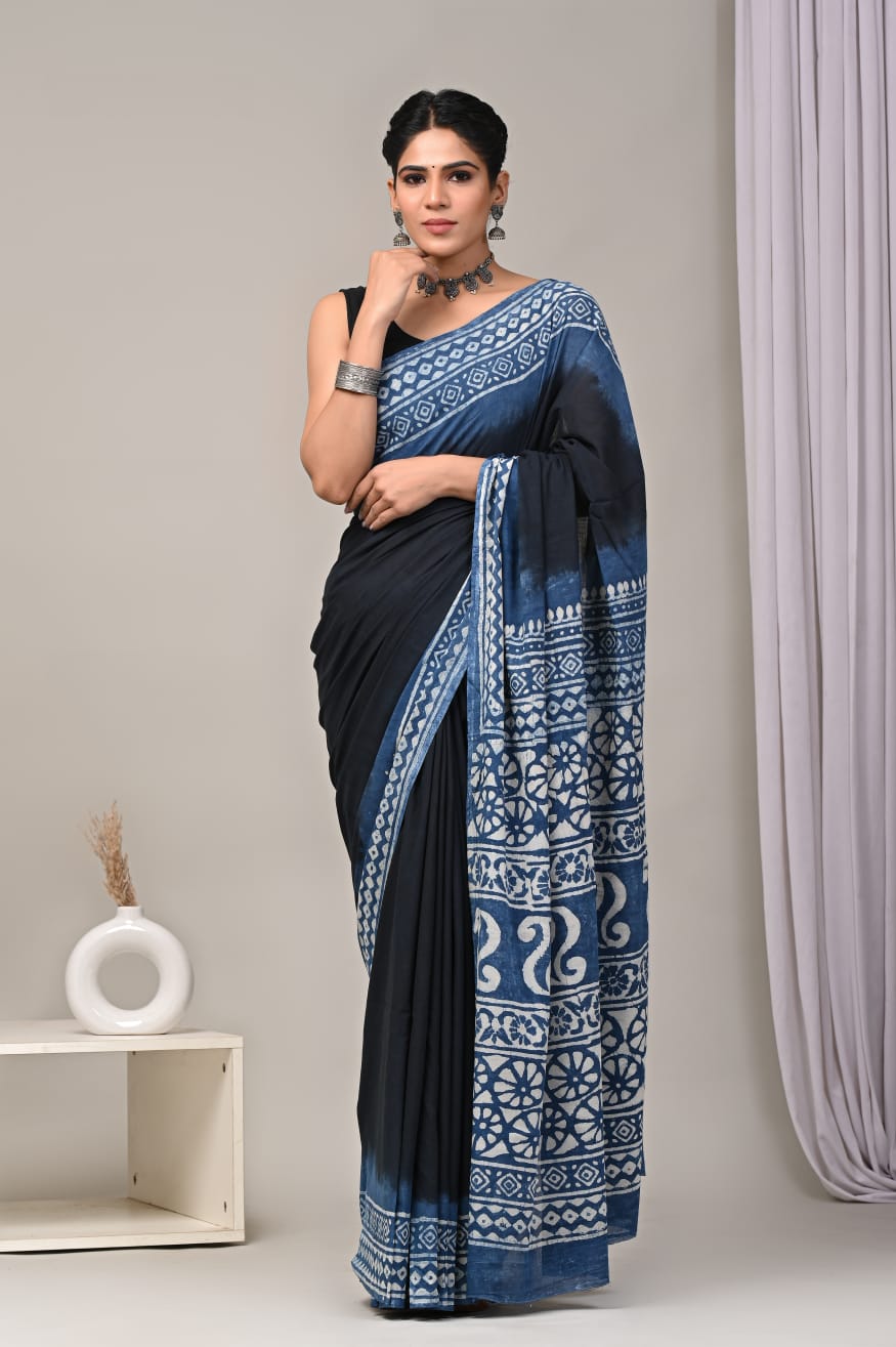 Traditional Authentic Hand Block Printed Pure Organic Cotton Sarees With matching Blouse