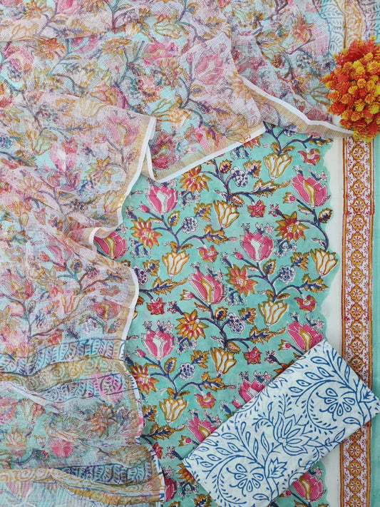 Premium Sanganeri Printed Cotton Suit With Kota Doria Duppta(BFCOTKD28)