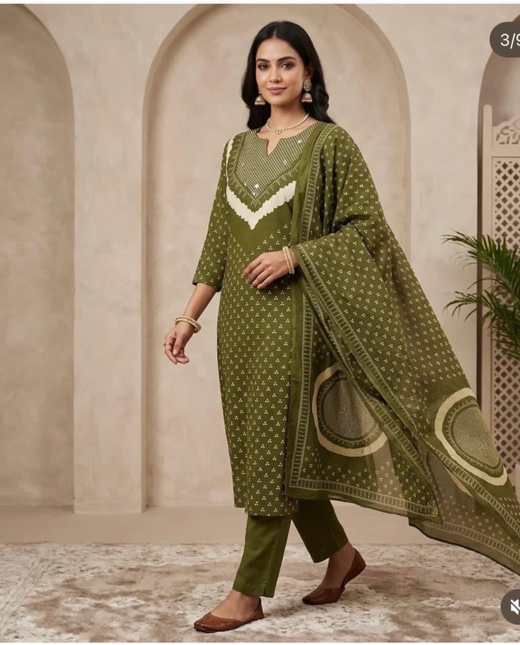 Olive Green Discharge Print Cotton Kurti Pant Dupatta Set