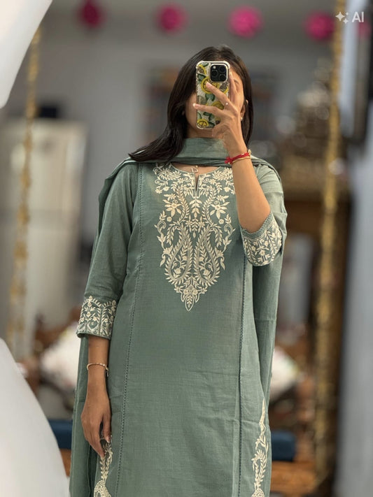 Green Embroidered Cotton Kurta Pant Set with Dupatta
