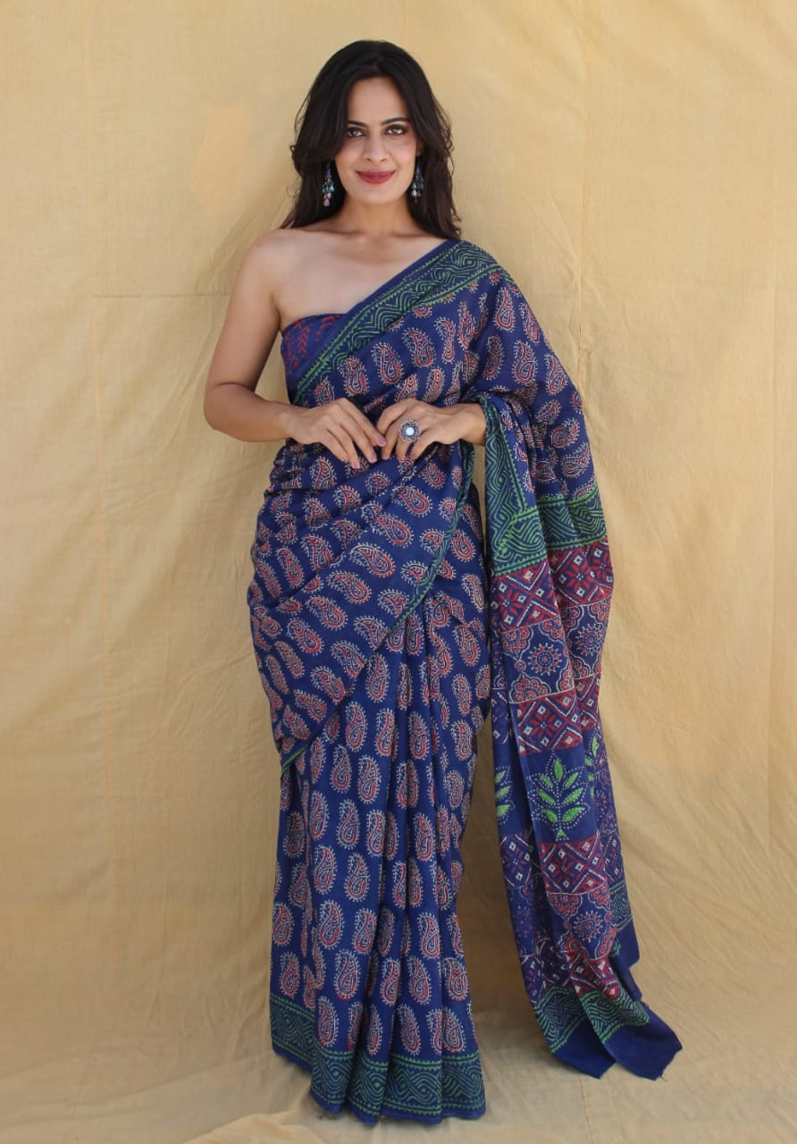 Traditional Authentic Hand Block Printed Pure Organic Cotton Sarees With matching Blouse