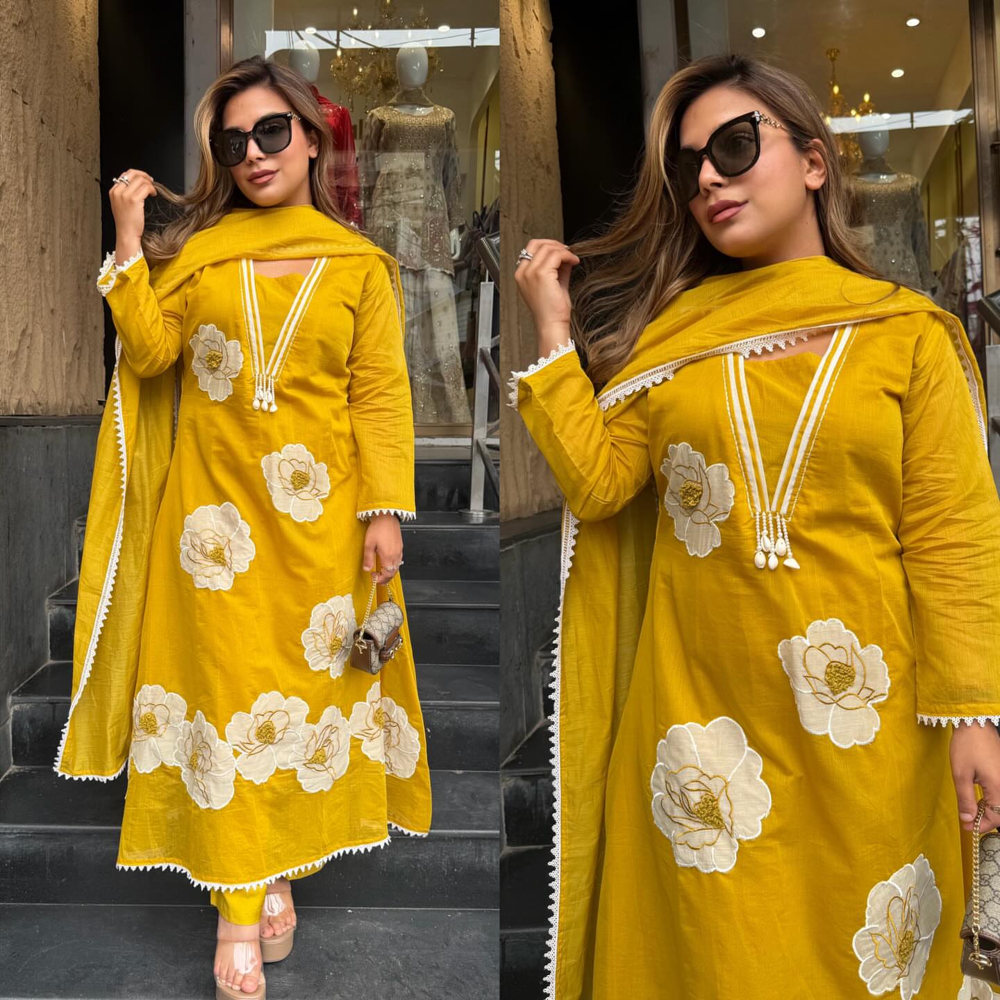 Mustard Yellow Anarkali Embroidery Patch Work Cotton Kurta Pant Set with Lace Dupatta