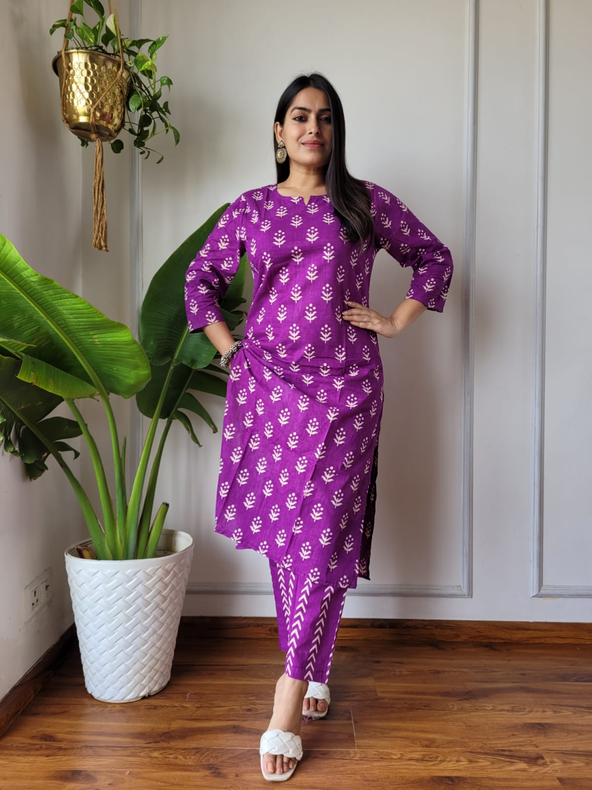 Purple Printed Cotton Kurti Pant Set for Women