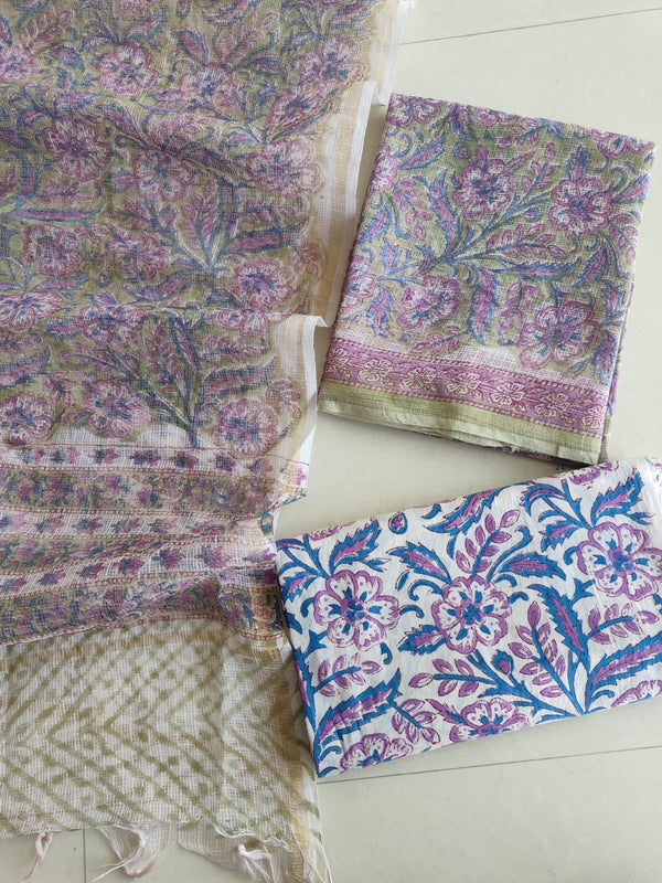 Sage Green Lavender Floral Hand Block Print Kota Doriya Suit  (BFFKO78)