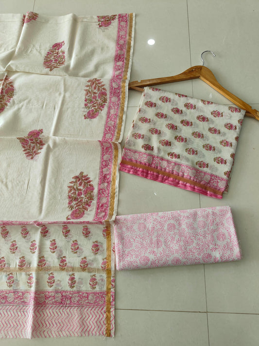 EXCLUSIVE HAND BLOCK CHANDERI SILK SUIT SET WITH CHANDERI DUPATTA