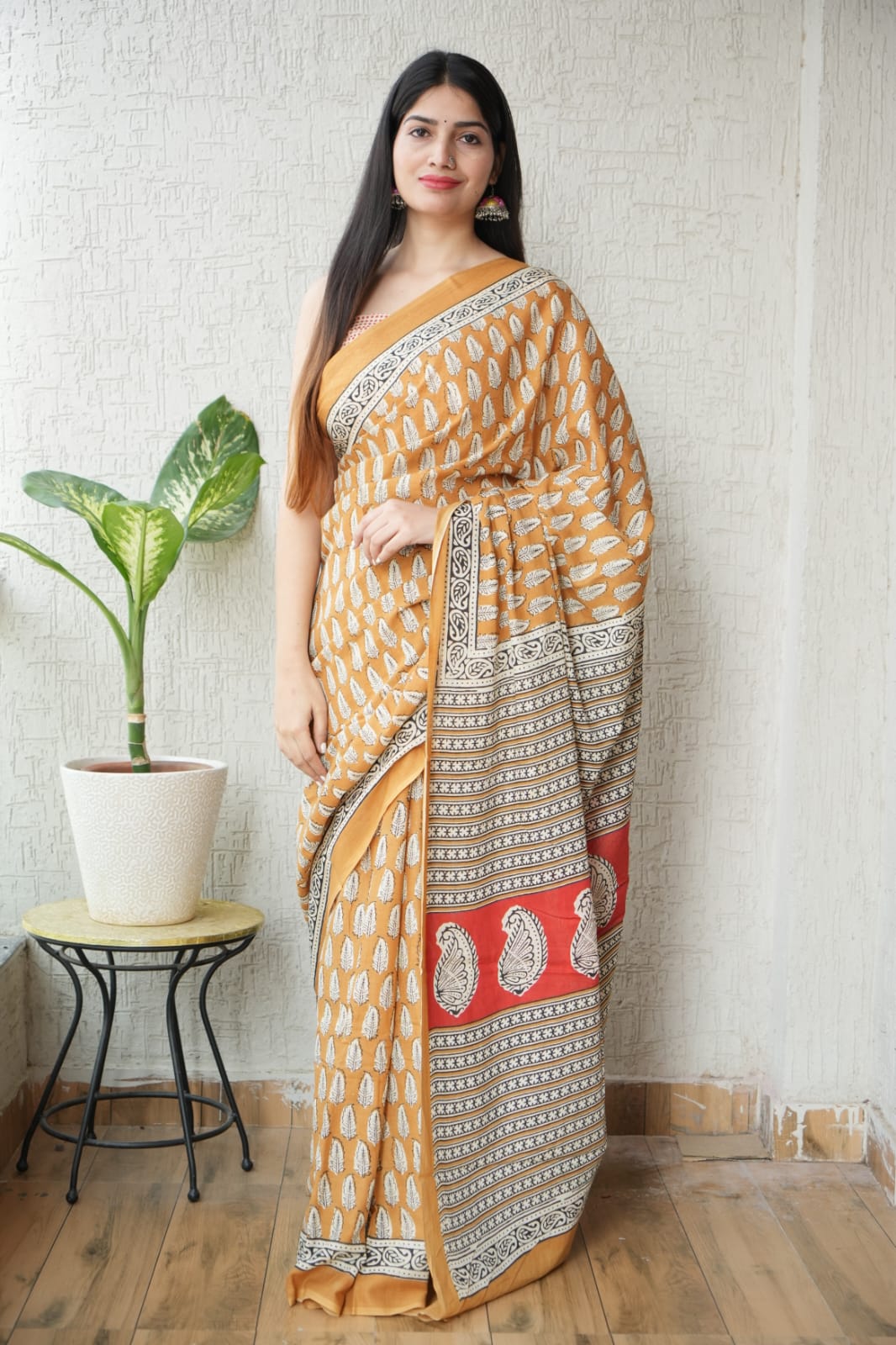 Mustard Yellow Printed Cotton Saree – Soft Cotton Saree for Women (BFCS10)