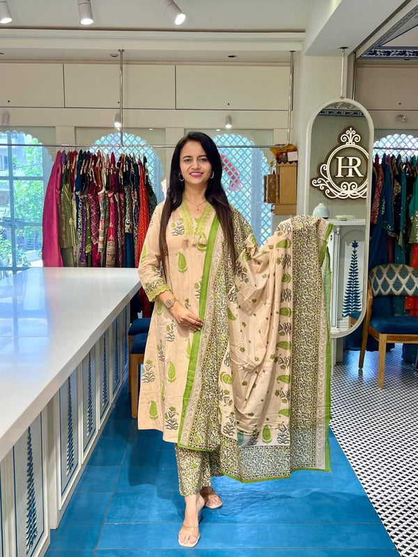 Cream & Olive Green Paisley Block Print Cotton Kurti Palazzo Dupatta Set
