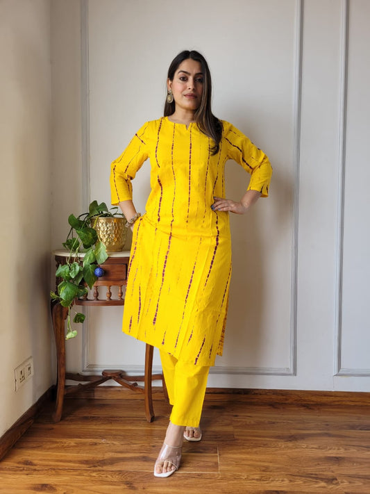Mustard Printed Cotton Kurti Pant Set for Women
