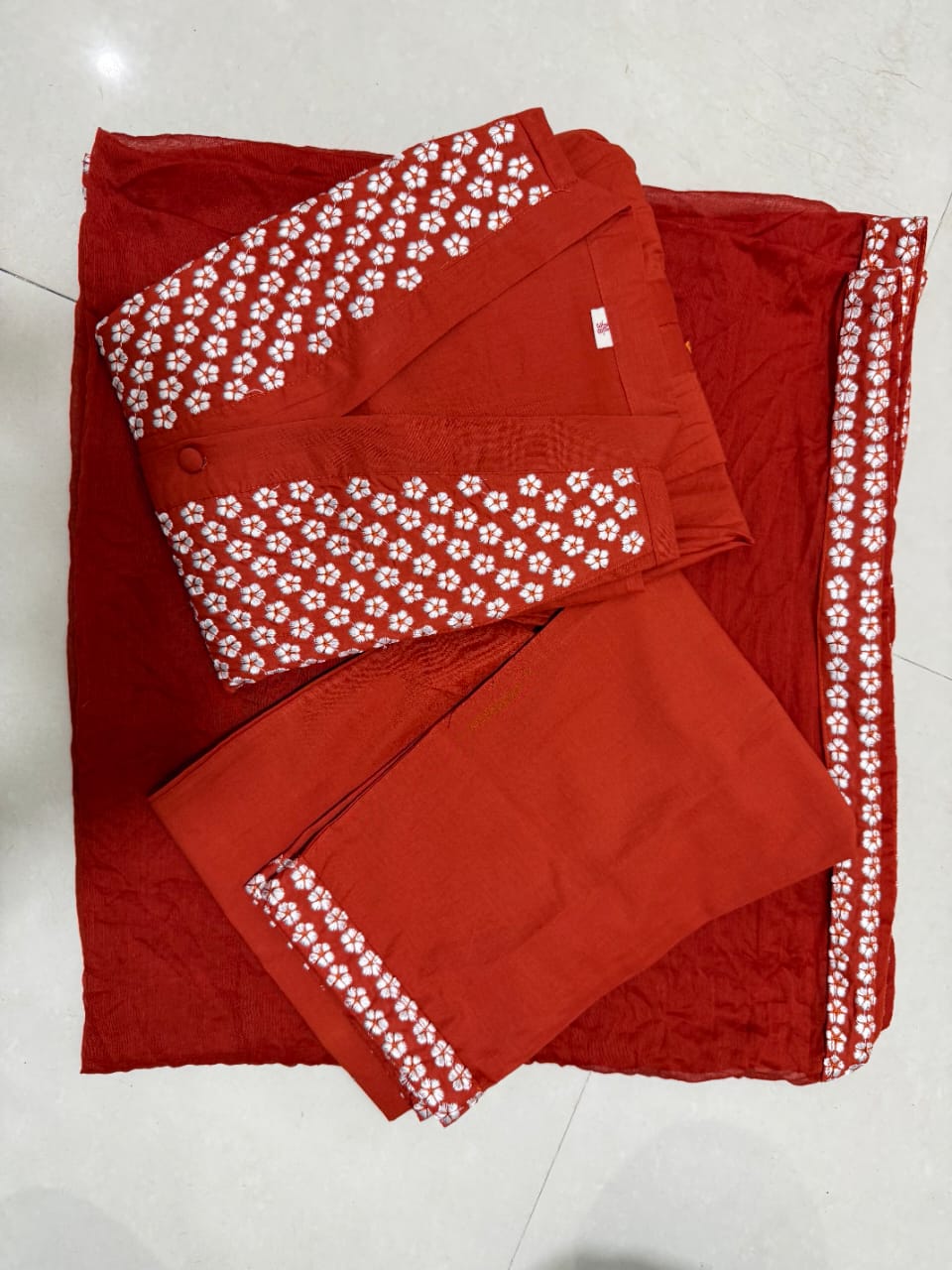Rust Orange Cotton Embroidery Anarkali Kurti Pant Dupatta Set