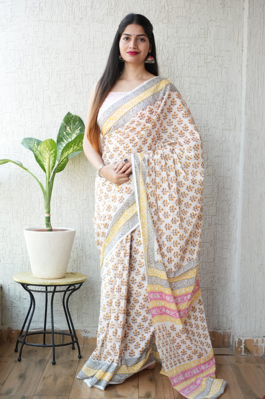 Cream Yellow Hand Block Printed Cotton Saree with Blouse  (BFCS68)