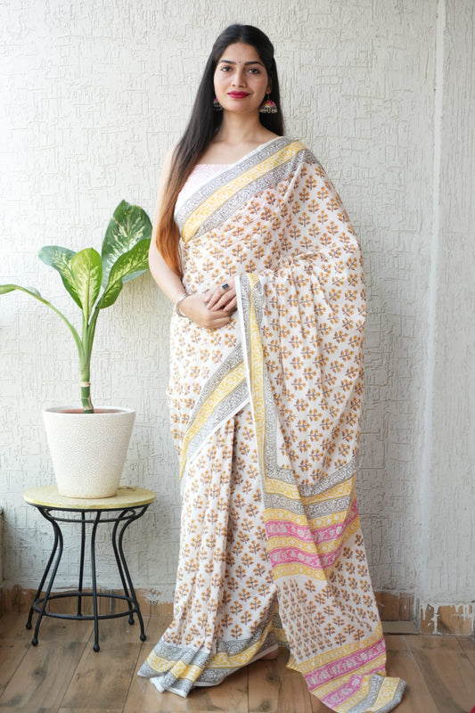 Cream Yellow Hand Block Printed Cotton Saree with Blouse  (BFCS68)