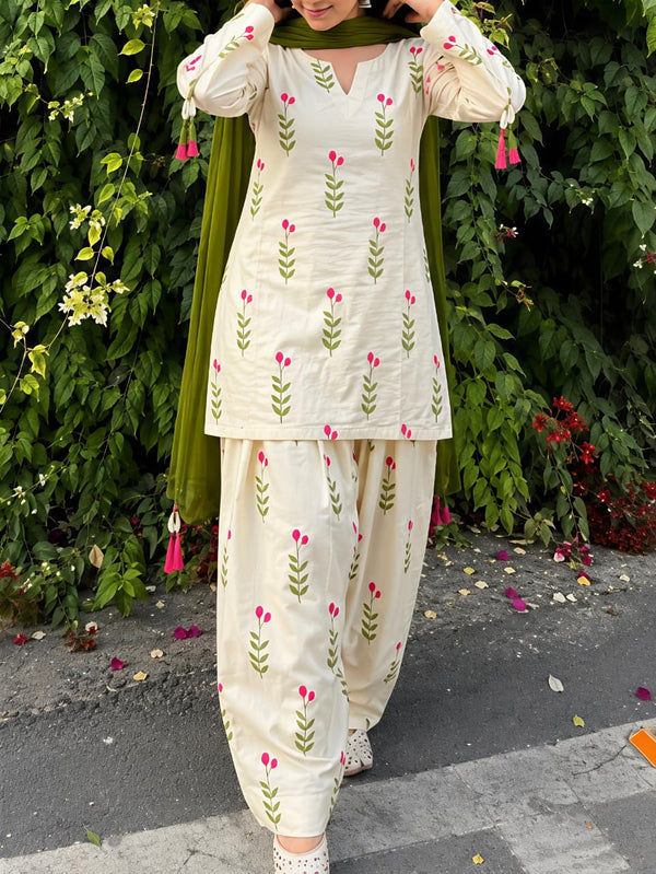Farshi Style Printed Cotton Kurta Salwar Set with Dupatta – White & Olive Green