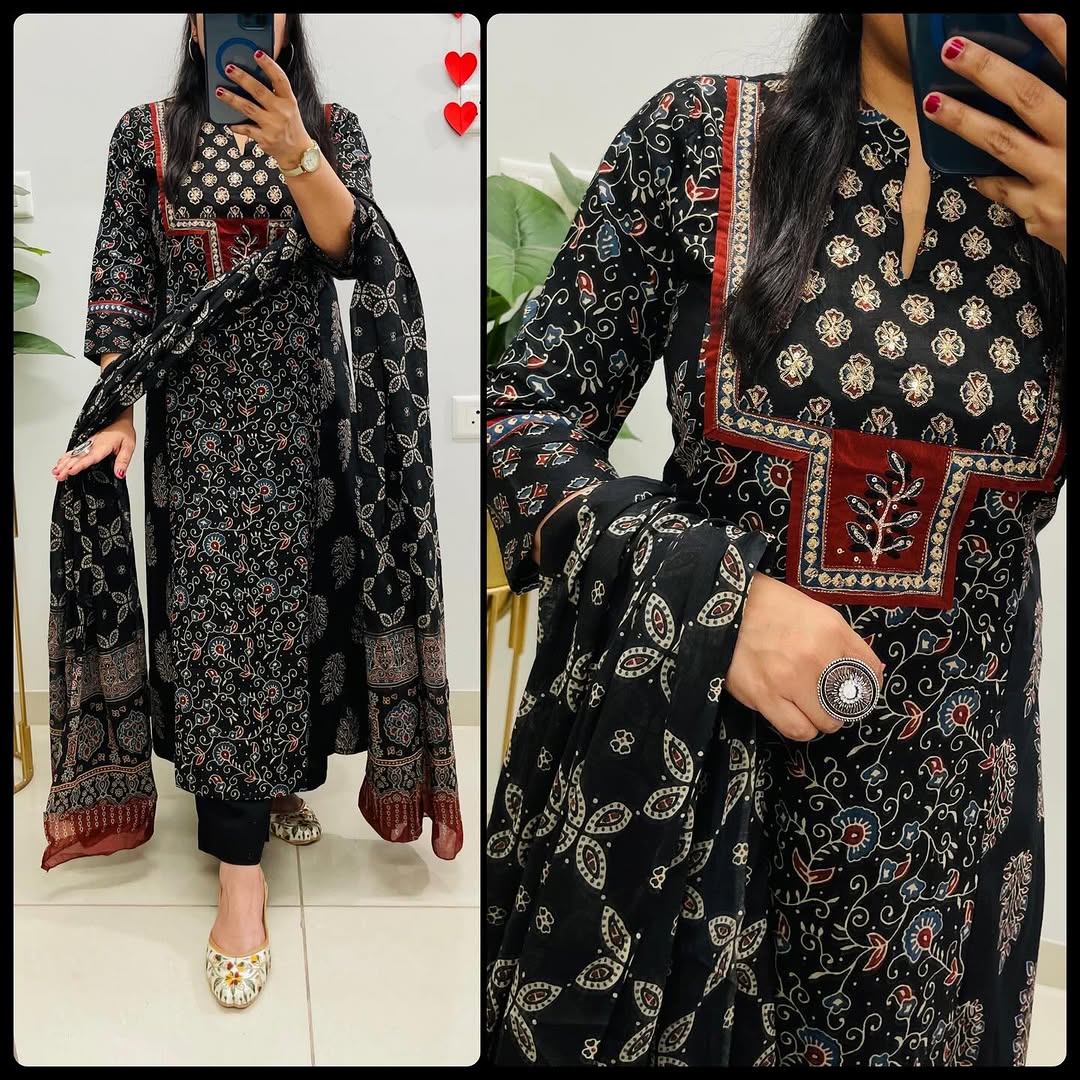 Black Ajrakh Cotton Suit Set | A-Line Princess Cut Kurta with Pant & Dupatta
