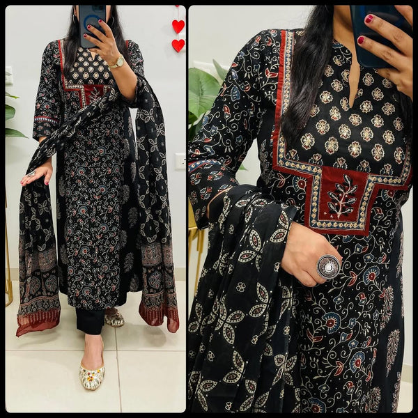 Black Ajrakh Cotton Suit Set | A-Line Princess Cut Kurta with Pant & Dupatta