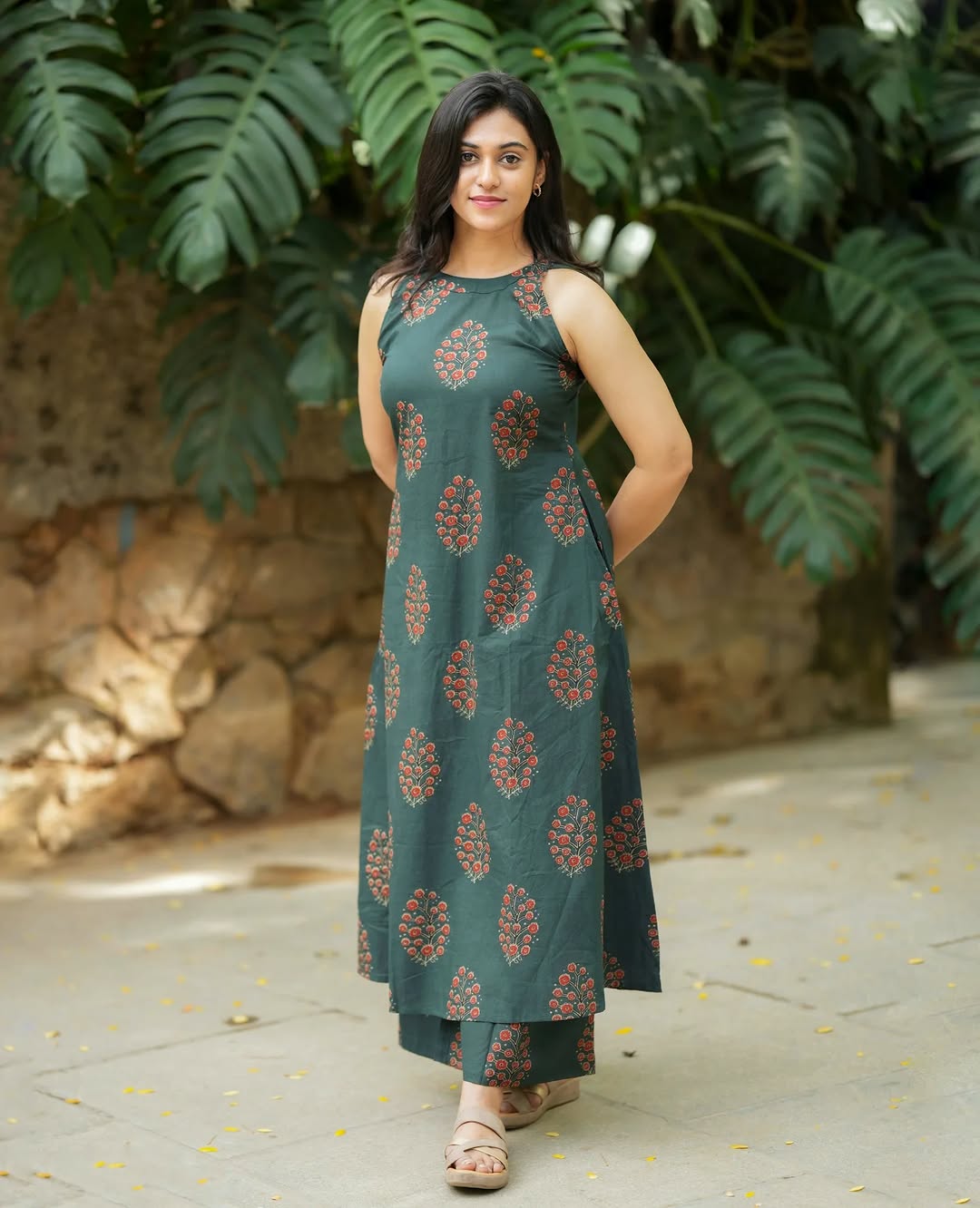 Green Floral Printed Cotton Kurta Palazzo Set for Women | A-Line Halter Neck Festive Wear